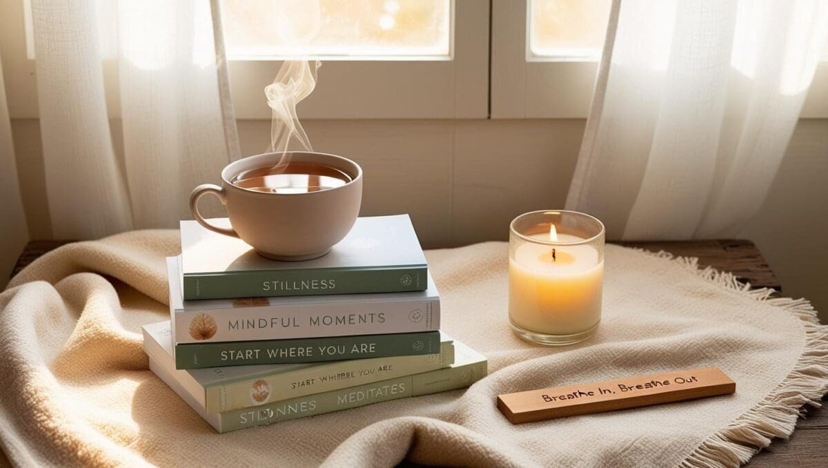 Stack of beginner meditation books surrounded by tea, candlelight, and soft natural lighting—perfect for starting a calming mindfulness practice.