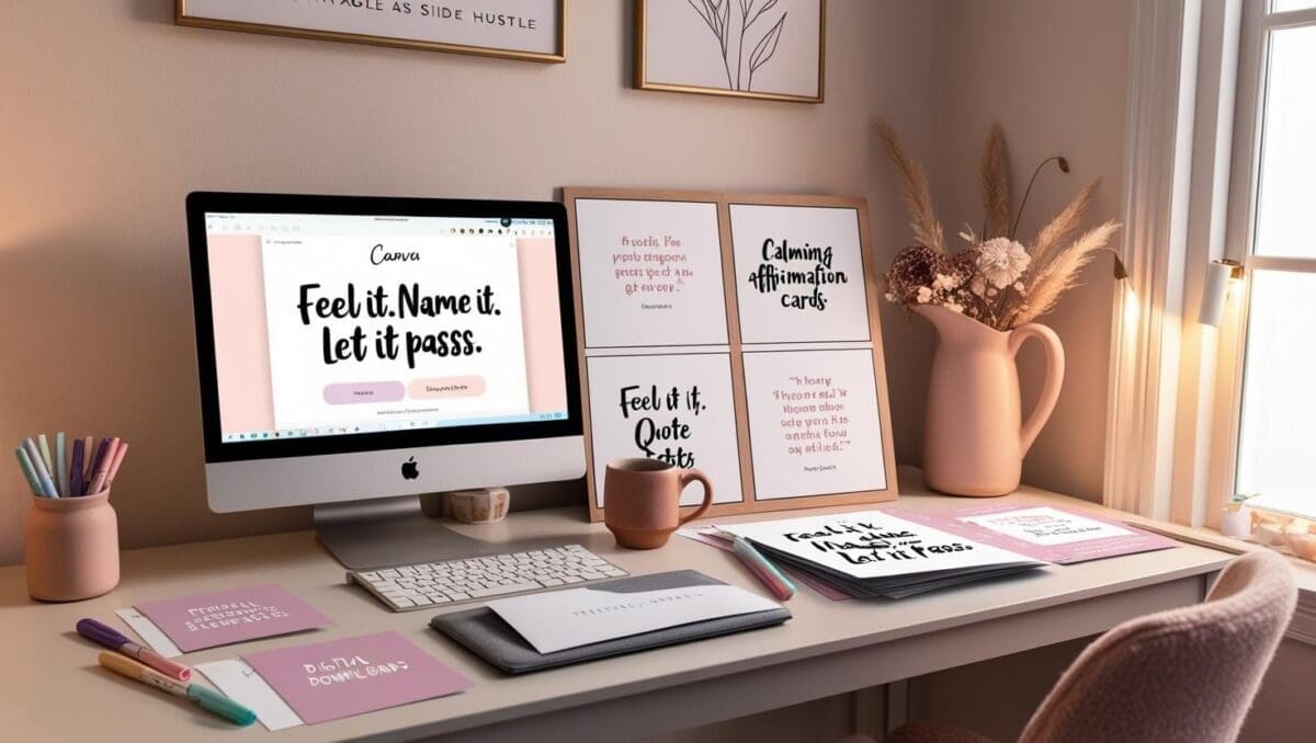 Therapist workspace with therapy-inspired art printables in progress, digital tools, quote posters, and creative elements for a calming and artistic side hustle.