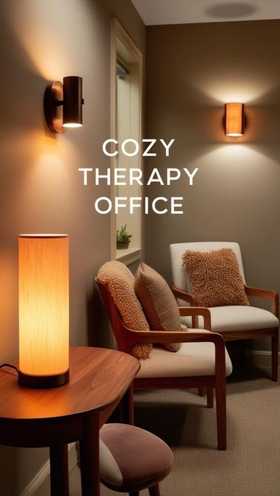 Warmly lit therapy office with modern wall sconces and a glowing table lamp, featuring two mid-century chairs with soft textured pillows and the text ‘Cozy Therapy Office’ on the wall.