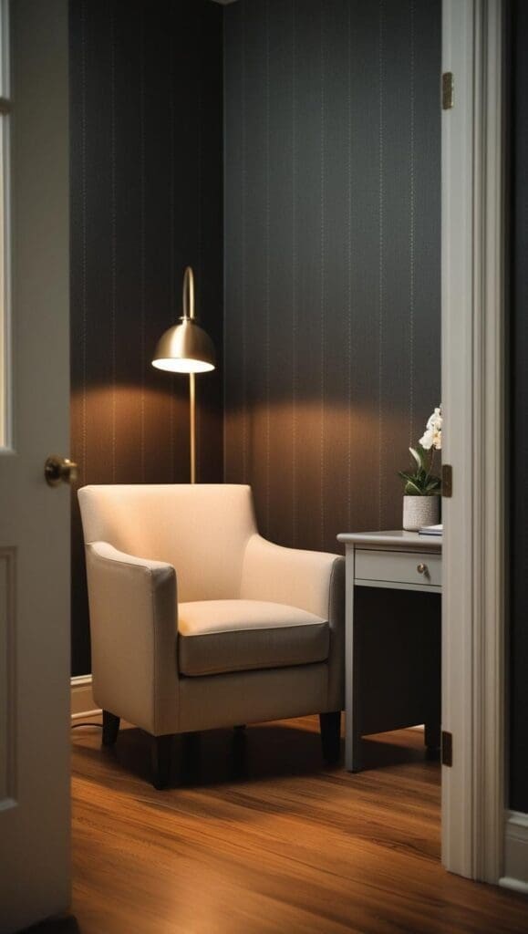 Cozy counseling corner featuring deep grey wallpaper behind a modern white armchair 