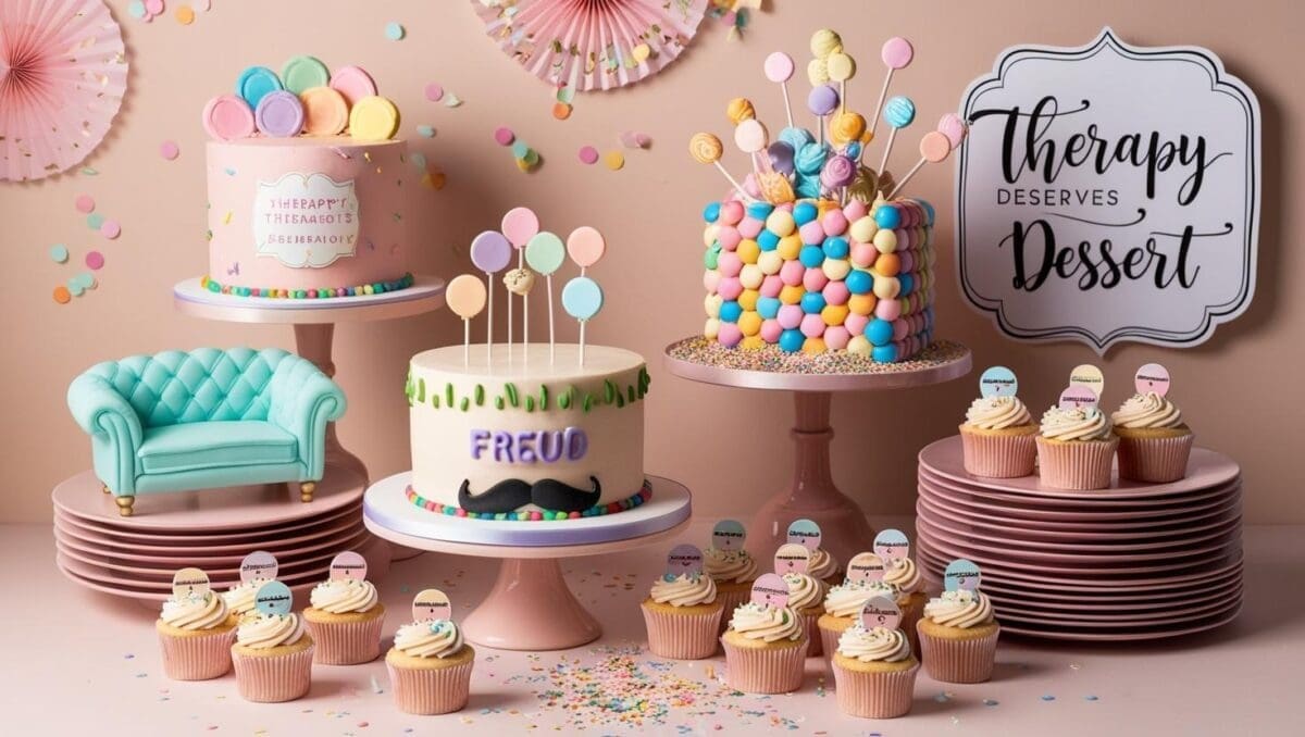 Therapy-themed dessert table with funny psychology cakes, including CBT, Freud, and piñata-style designs, styled for a playful therapist celebration.