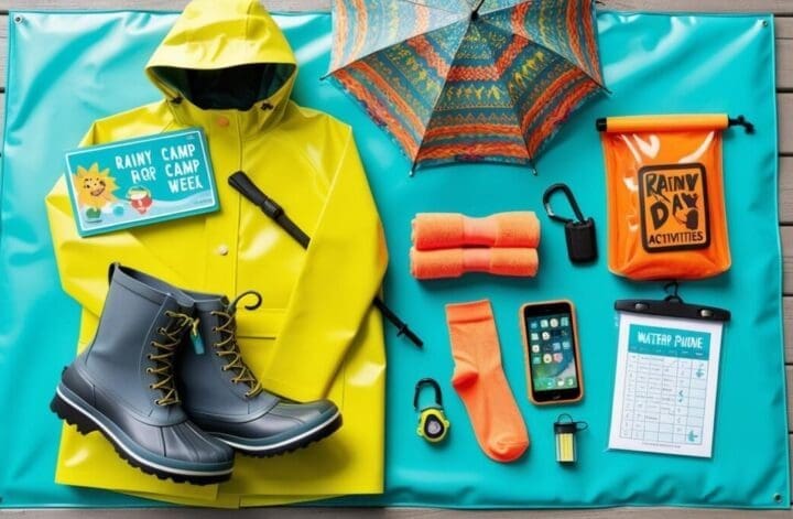 Flat lay of rainy camp week gear including raincoat, boots, waterproof bag, extra socks, towel, and essentials for camp counselors managing wet weather.