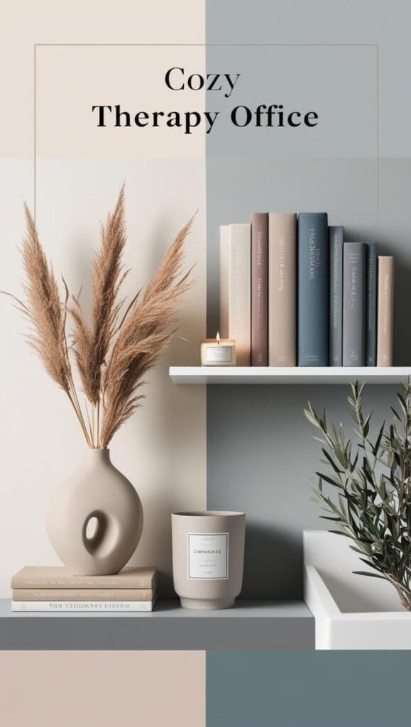 Minimalist therapy office shelf with neutral-toned books, a lit candle, a sculptural beige vase with pampas grass, and an olive branch in a modern planter, styled against a soft two-tone wall.