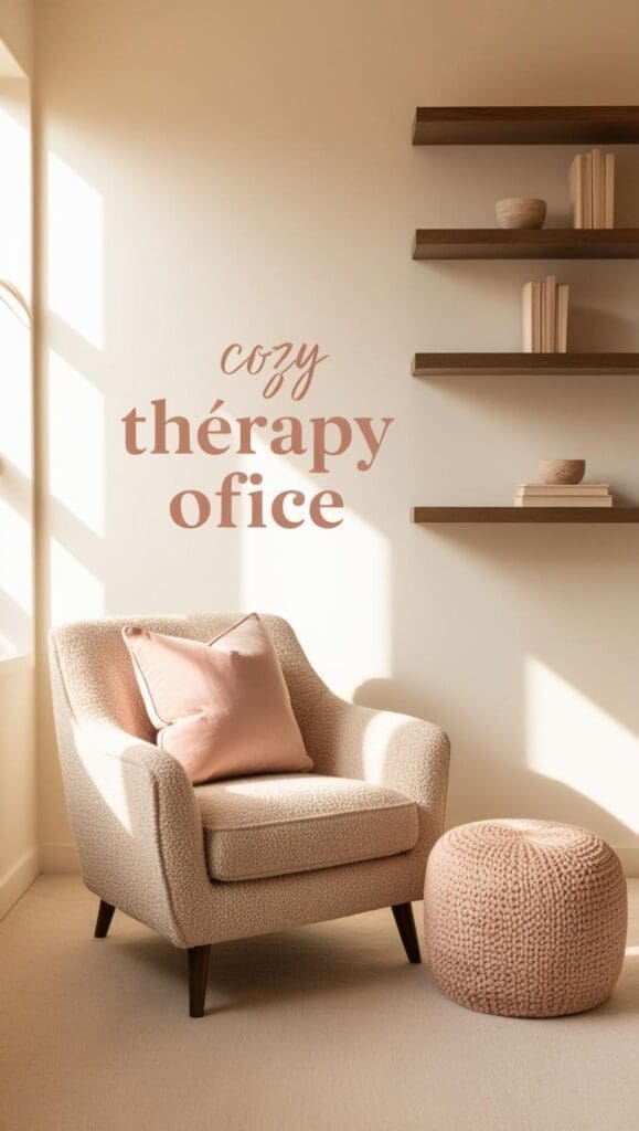 Cozy therapy office with a textured beige armchair, soft pink pillow, knitted blush pouf, and floating shelves, bathed in natural sunlight with the words ‘cozy therapy office’ on the wall.