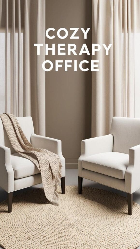 Two beige armchairs with dark wooden legs in a cozy therapy office, styled with a chunky knit throw blanket and a round textured rug, framed by soft cream curtains.