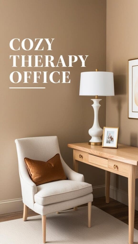 Warm-toned therapy office corner with a beige armchair and rust-colored pillow, next to a light wood desk with a white table lamp, framed photo, and artwork on the wall, labeled ‘Therapy Office.’