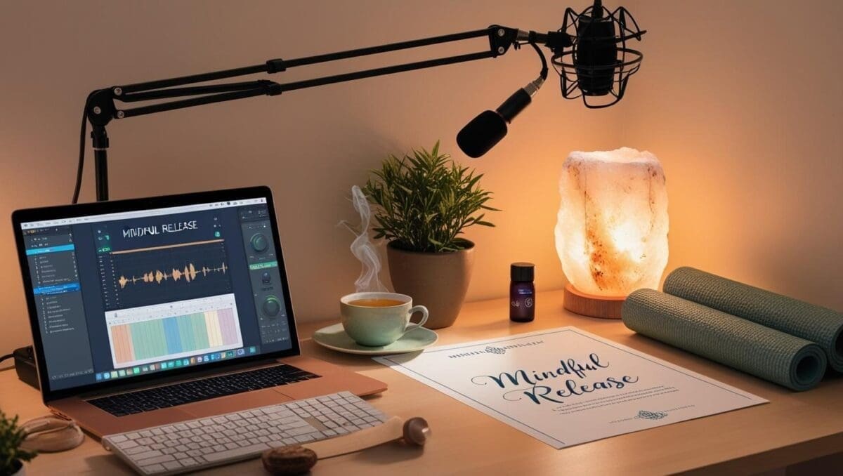 Therapist’s calm recording space for guided meditations with microphone, laptop, tea, and meditation script on a cozy desk.