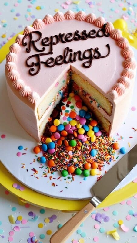 PiƱata-style therapy cake labeled āRepressed Feelings,ā with candy and sprinkles spilling out from the center to symbolize emotional release.