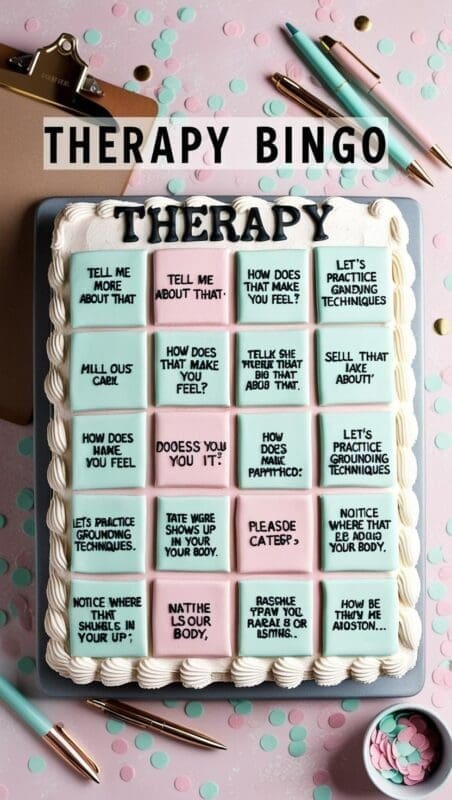 Therapist-themed sheet cake decorated like a bingo board with therapy phrases in each square, titled āTHERAPY BINGOā in frosting.