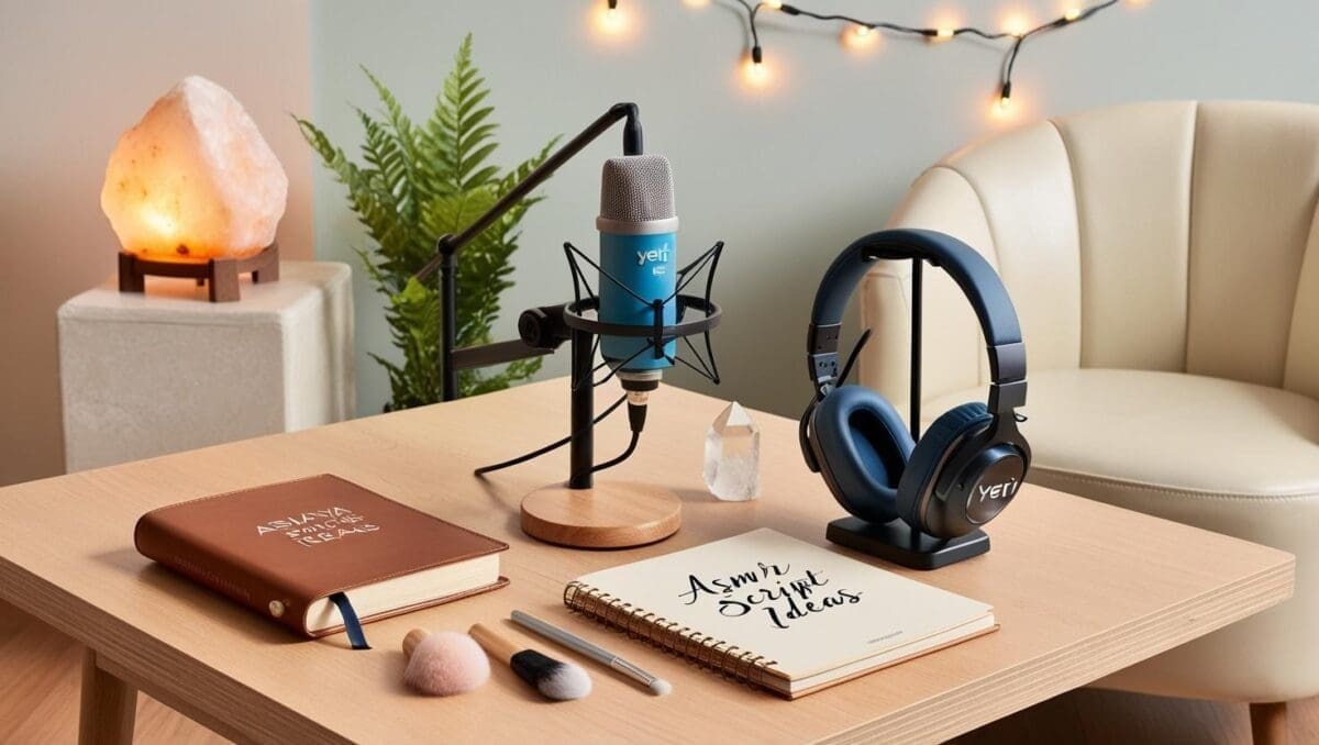 Therapist’s calming ASMR content creation setup with microphone, headphones, script journal, and cozy props in a softly lit home studio.