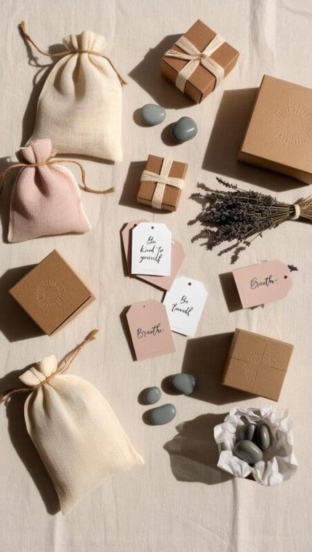 Packaging setup for handmade worry stones, including calming tags, cloth bags, and natural materials styled with care.
