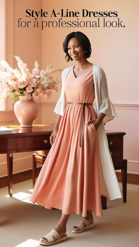 “Therapist on a sunlit patio in a pastel-pink floral A-line dress, white slingback flats, holding a straw tote.”