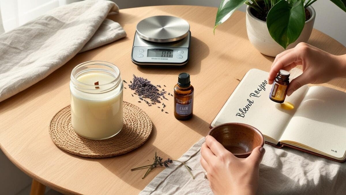 Candle-making setup with soy wax, essential oils, and dried herbs arranged in a relaxing workspace for therapists creating calming products.