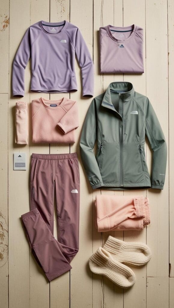Moisture-wick shirt, fleece pullover, rain shell, quick-dry pants and wool socks laid out on a wooden cabin floor.
