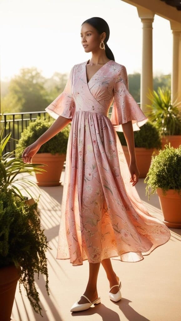 “Therapist on a sunlit patio in a pastel-pink floral A-line dress, white slingback flats, holding a straw tote.”