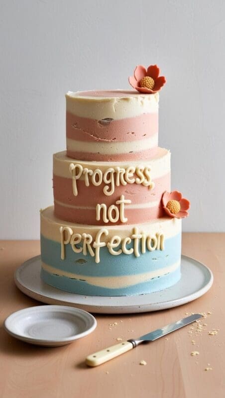 Intentionally imperfect cake with uneven layers and messy frosting, featuring the message āProgress, Not Perfectionā piped in icing.