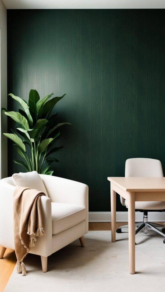 Cozy modern counseling corner featuring deep green wallpaper behind a modern white armchair 