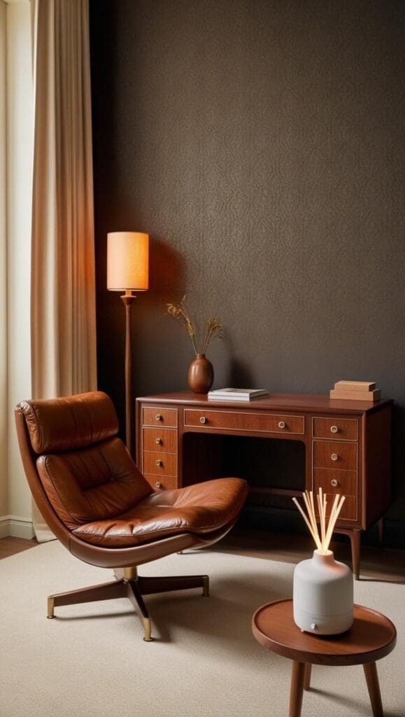 Therapy vignette with textured dark wallpaper, walnut desk with brass accents, leather lounge chair, and soft floor lamp.