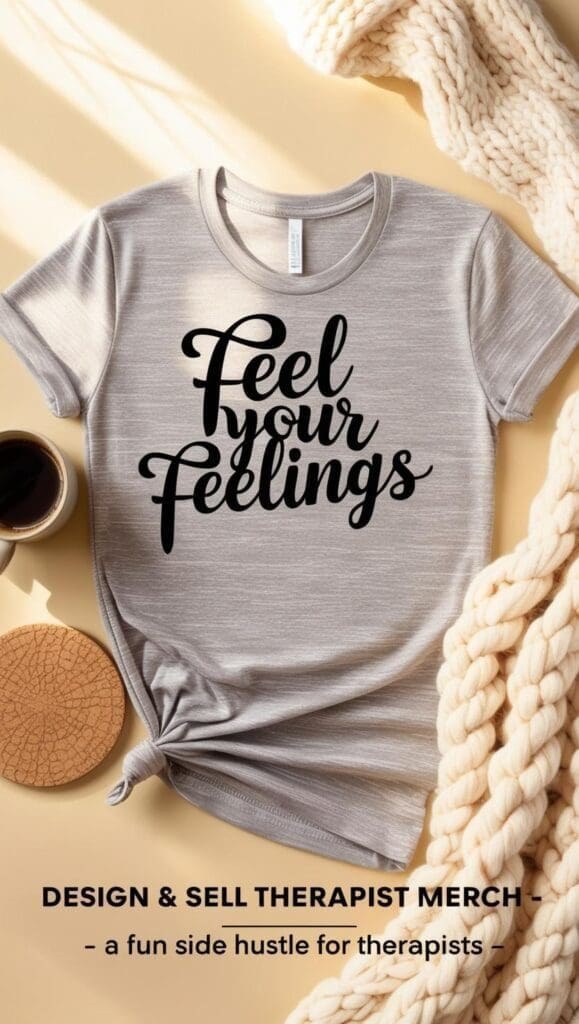therapist working on a side hustle from home selling therapy inspired merch