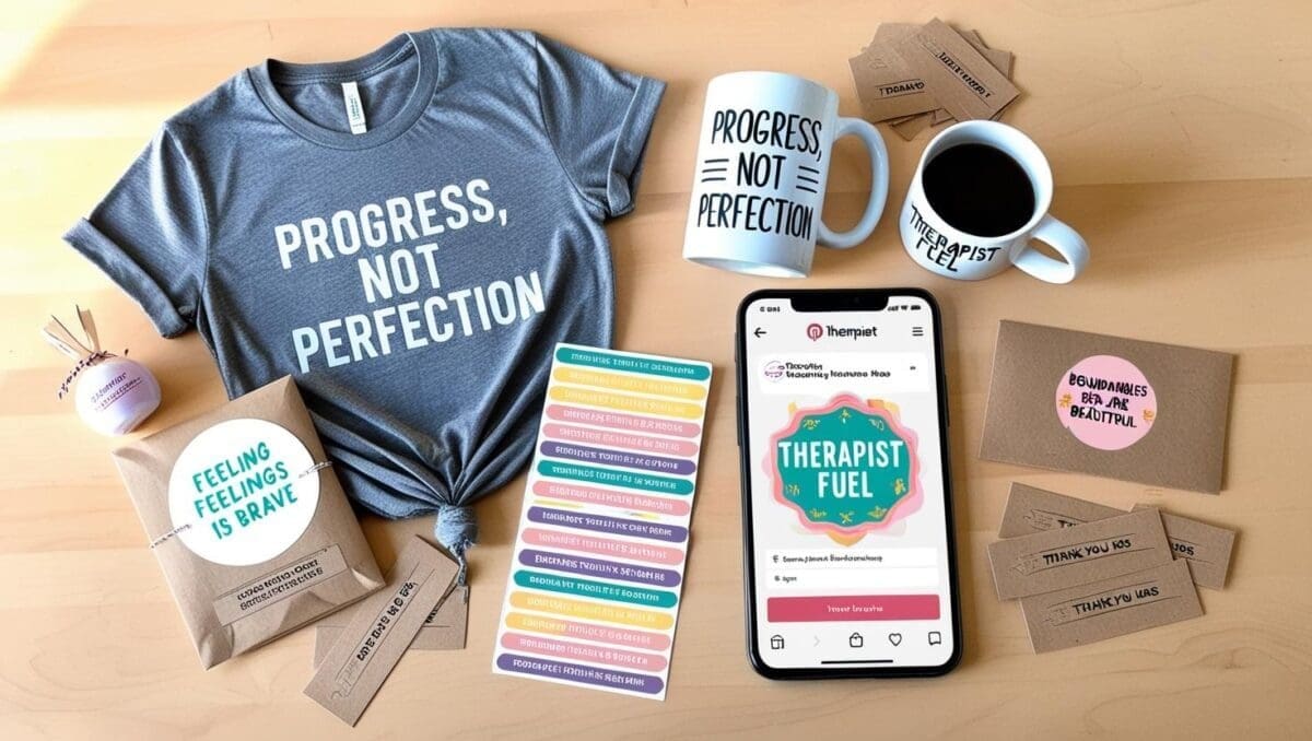 Flat lay of therapist-inspired merch including T-shirt, coffee mug, and affirmation stickers, styled with creative business tools and packaging supplies.
