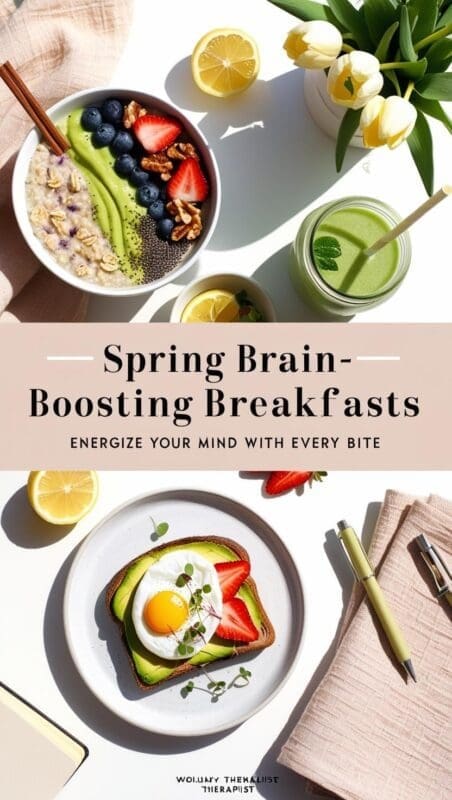 flat lay image of a healthy spring breakfast designed to boost brain function. Include a bowl of oatmeal with fresh blueberries, walnuts, and chia seeds