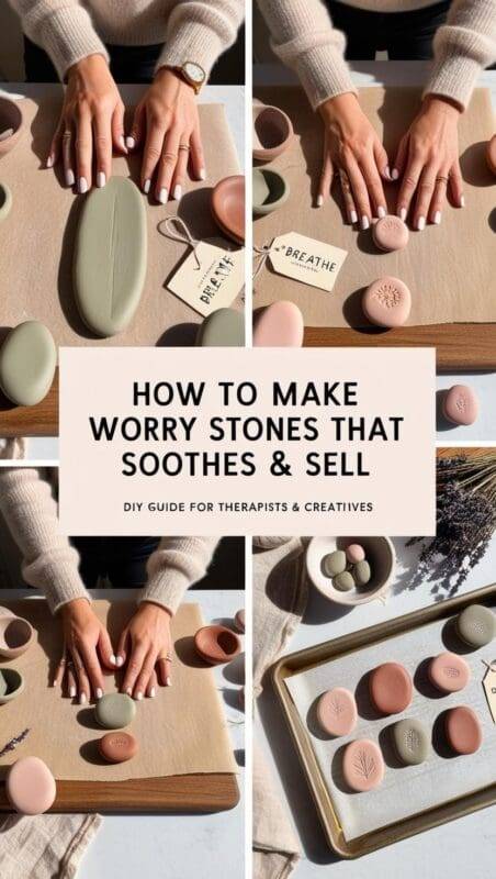 Hands crafting polymer clay worry stones in soft earthy tones, showing each step from shaping to stamping and baking in a calm, natural-light workspace.