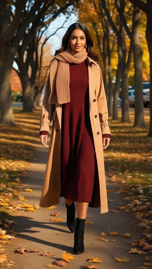 “Therapist walking outside in a burgundy wool A-line dress, camel trench coat, black ankle boots and knit scarf.”