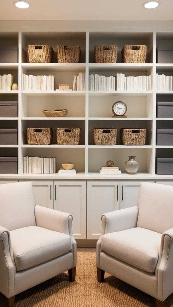 Woven baskets and uniform gray storage boxes neatly arranged on built‑in shelves