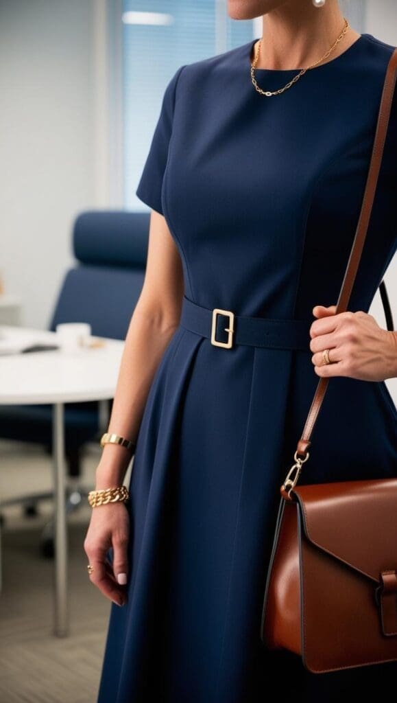 “Close-up of a navy A-line dress belted at the waist with a gold chain bracelet, pearl earrings and leather crossbody bag.”