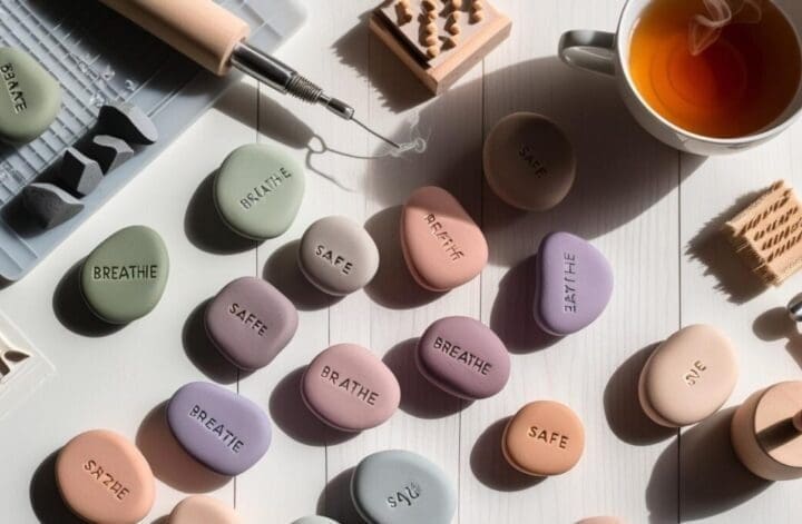 Handmade worry stones with calming affirmations surrounded by clay tools and natural textures, styled for a mindful therapist’s workspace.