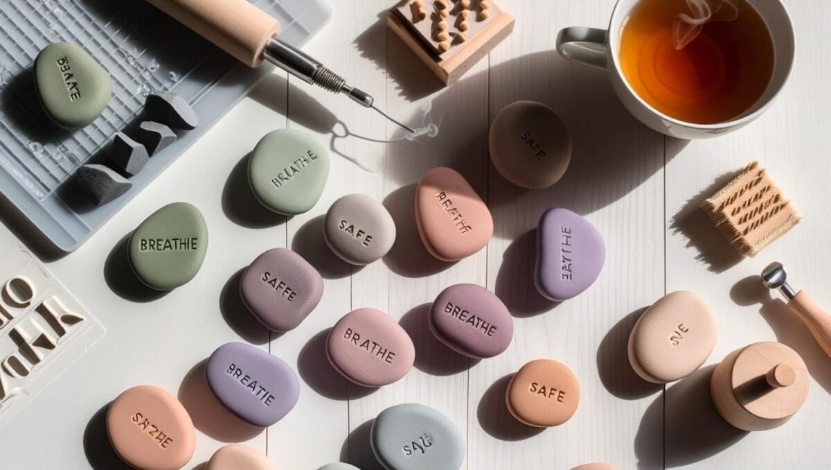 Handmade worry stones with calming affirmations surrounded by clay tools and natural textures, styled for a mindful therapist’s workspace.