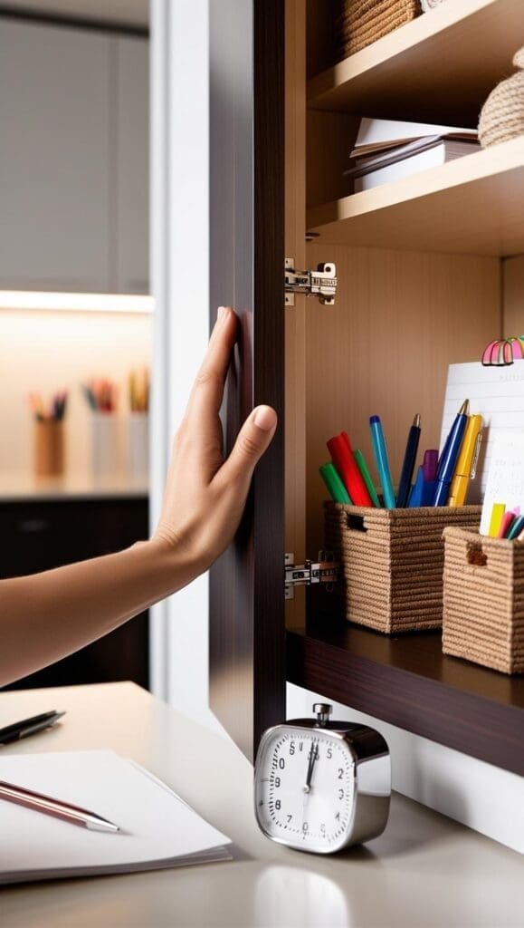 Therapist closing a white cabinet door after storing supplies, with a small timer on the desk