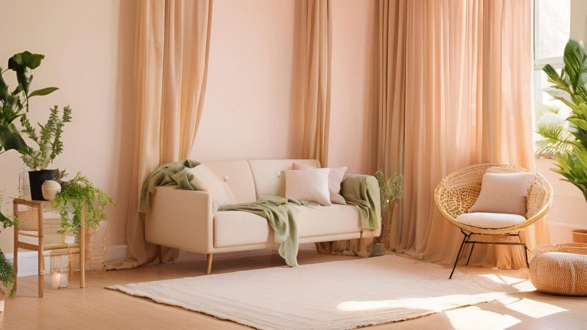 Bright therapy room with pastel walls, green plants, and soft natural light streaming through sheer curtains