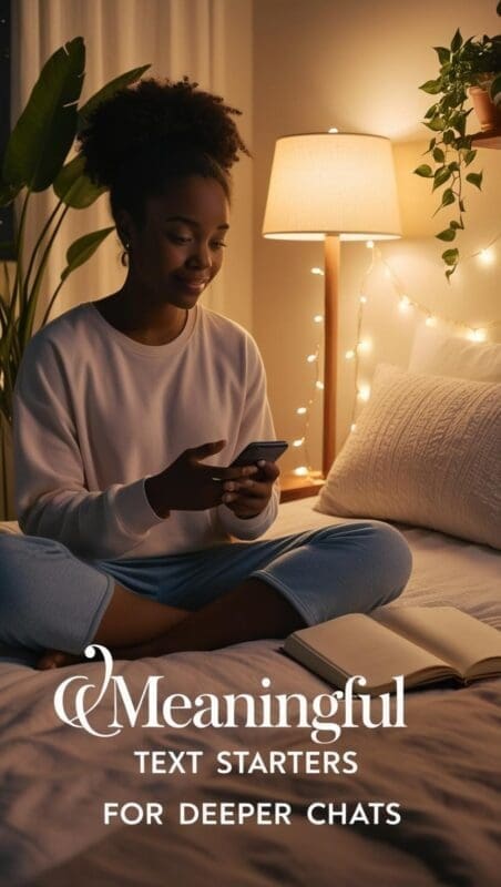 Woman texting in bed at night with soft lighting and fairy lights, representing emotional and deep conversation starters.