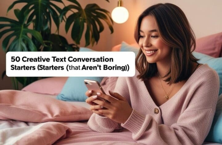 Young woman texting on bed in cozy feminine room, smiling at her screen. Soft colors and casual vibe to illustrate texting conversation starters.