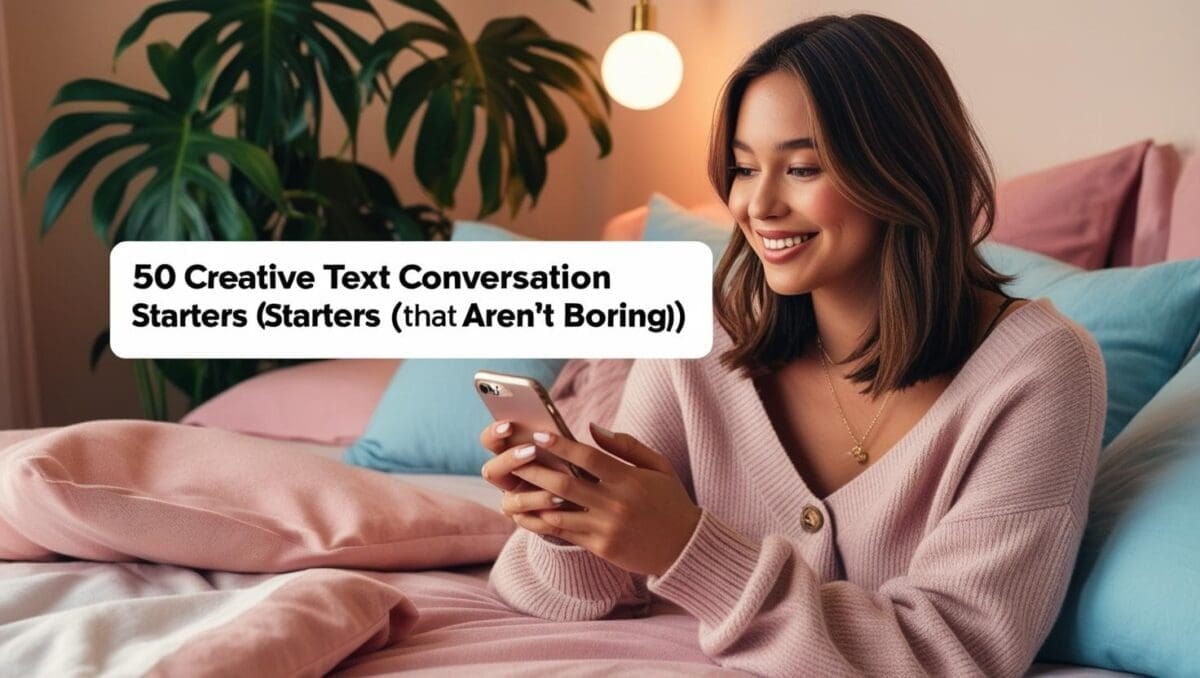 Young woman texting on bed in cozy feminine room, smiling at her screen. Soft colors and casual vibe to illustrate texting conversation starters.