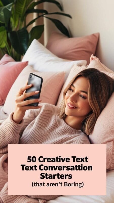 Young woman texting on bed, smiling at her screen. Soft colors and casual vibe to illustrate texting conversation starters.