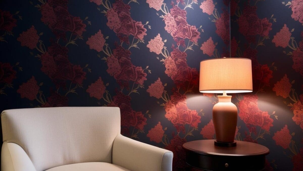 Therapy office featuring a single dark floral accent‑wall wallpaper behind a neutral sofa