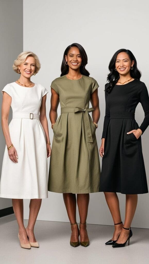 “Three therapists in studio wearing ivory cotton, olive-green linen-blend, and black ponte-knit A-line dresses, each styled simply.”