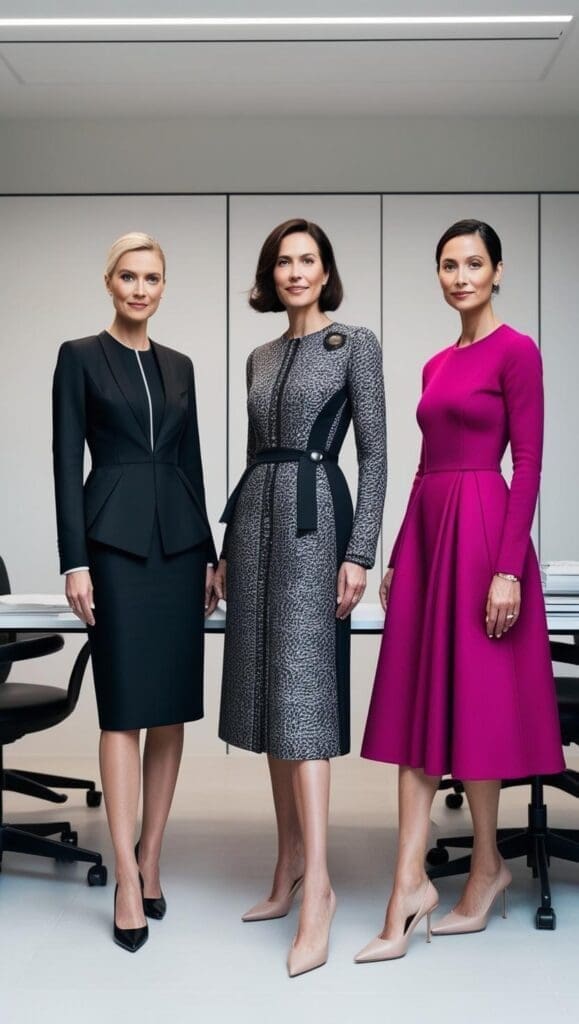 “Three therapists in office: a black A-line with blazer, a patterned A-line with cardigan, and a bright A-line with heels.”