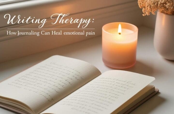 Open journal with handwritten notes on a feminine desk with candlelight and dried flowers, symbolizing healing through writing.