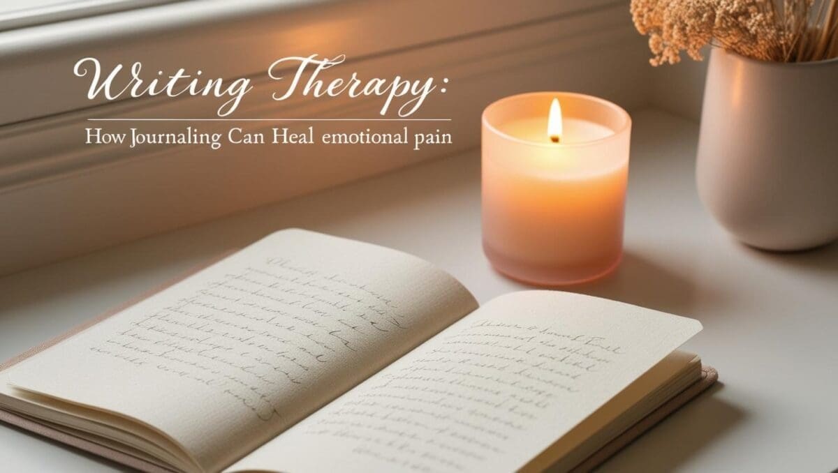 Open journal with handwritten notes on a feminine desk with candlelight and dried flowers, symbolizing healing through writing.