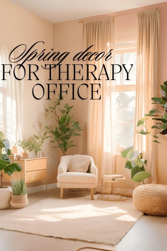 Bright therapy room with pastel walls, green plants, and soft natural light streaming through sheer curtains	