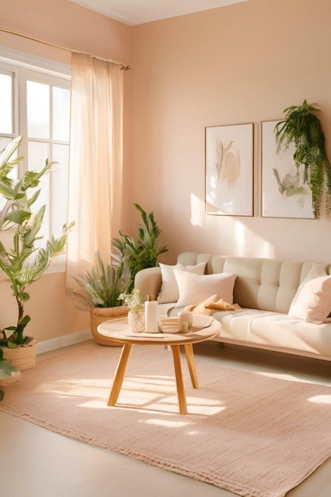 Bright therapy room with pastel walls, green plants, and soft natural light streaming through sheer curtains	