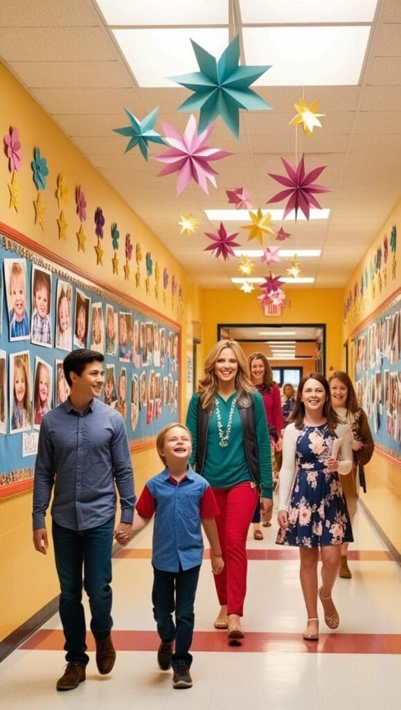 Hallway adorned with children's photos, colorful footprints, stars, and paper flowers forming a memory lane.