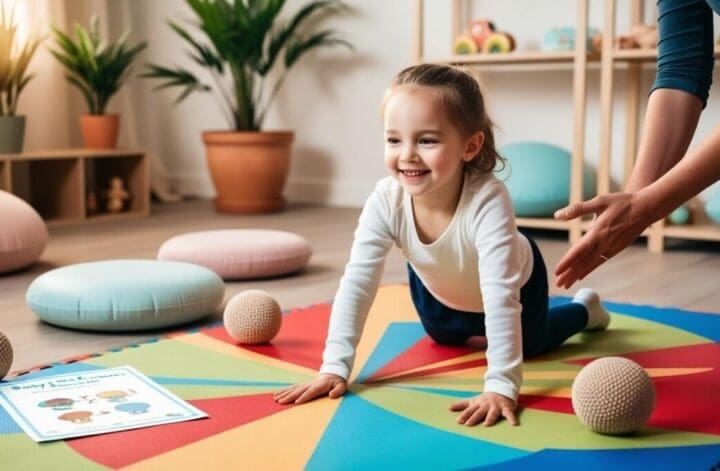 Child practicing primitive reflex integration movements in a warm, child-friendly therapy space with sensory props and gentle guidance.