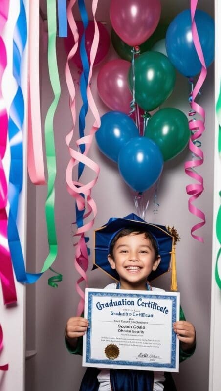 Kindergarten graduate holding a personalized certificate in a festive photo booth with streamers and balloons.