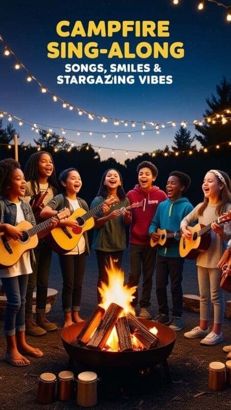 Kids playing instruments and singing around a glowing campfire during a summer night.