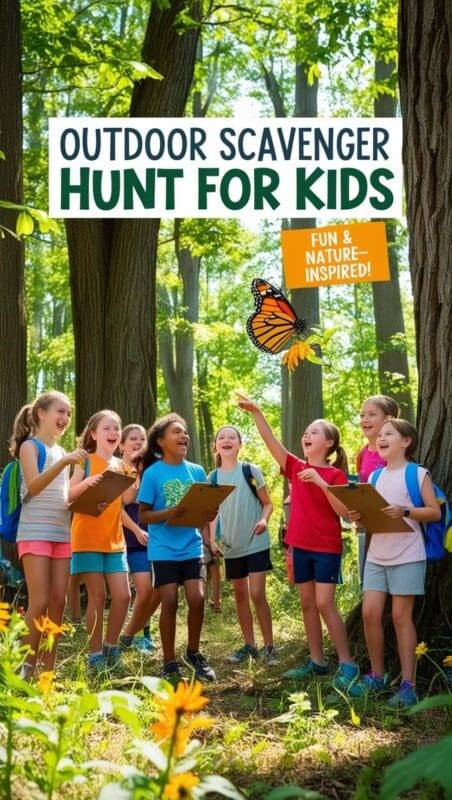 Kids on a summer scavenger hunt in a forest, spotting wildlife and collecting items from a checklist.