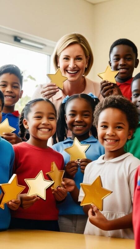 Kindergarten students receiving star student awards during the graduation ceremony.